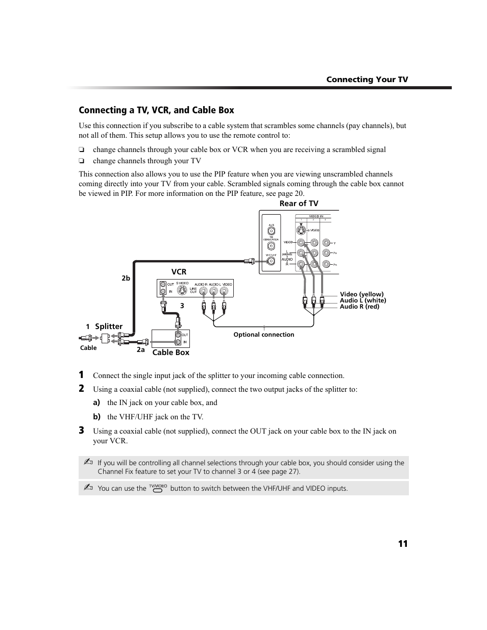 Connecting a tv, vcr, and cable box | Sony WEGA KV-27FS100 User Manual | Page 19 / 64