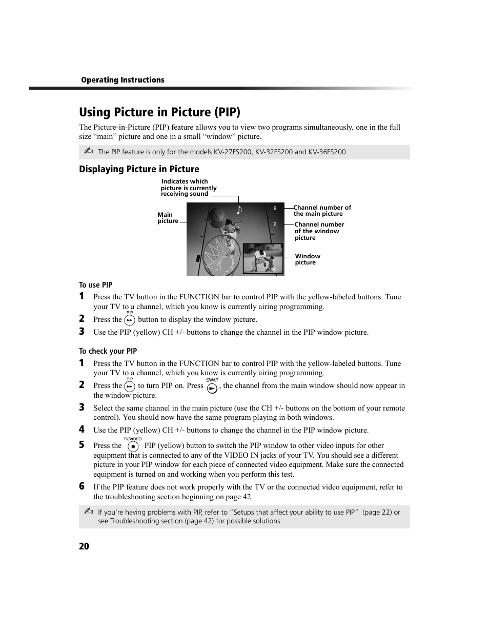 Using picture in picture (pip) | Sony WEGA KV-27FS100 User Manual | Page 28 / 64