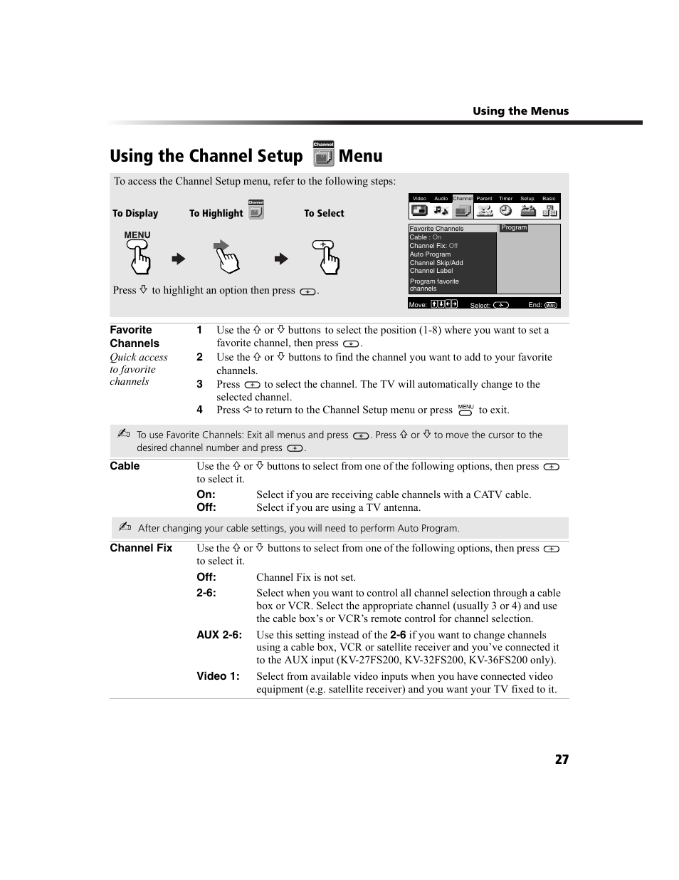 Using the channel setup menu | Sony WEGA KV-27FS100 User Manual | Page 35 / 64