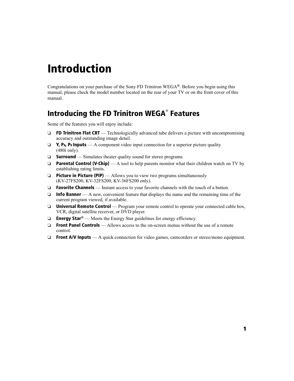 Introduction, Introducing the fd trinitron wega features | Sony WEGA KV-27FS100 User Manual | Page 9 / 64