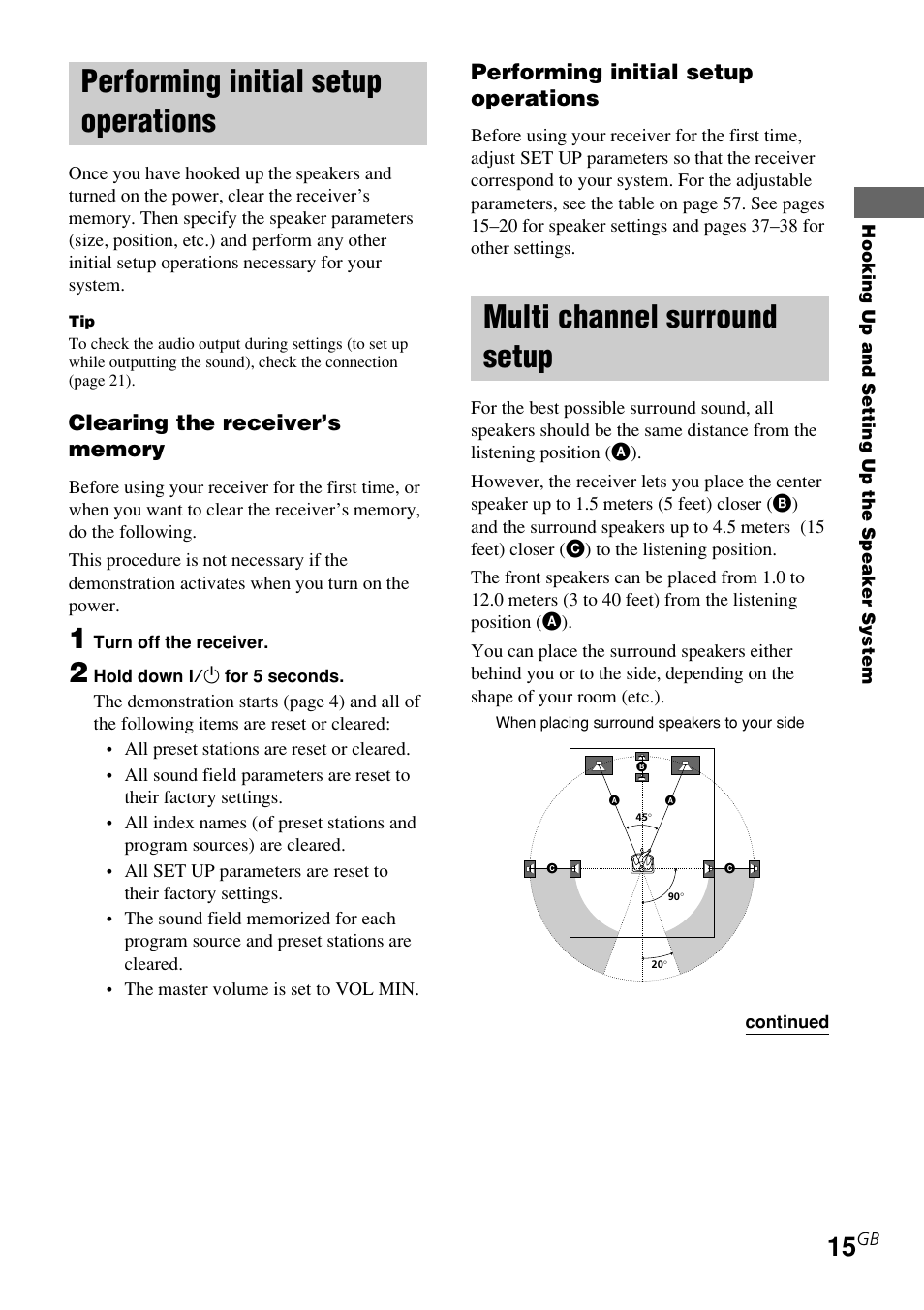 Performing initial setup operations, Multi channel surround setup | Sony STR-K740P User Manual | Page 15 / 59