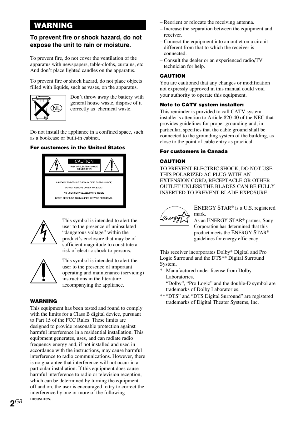 Warning | Sony STR-K740P User Manual | Page 2 / 59