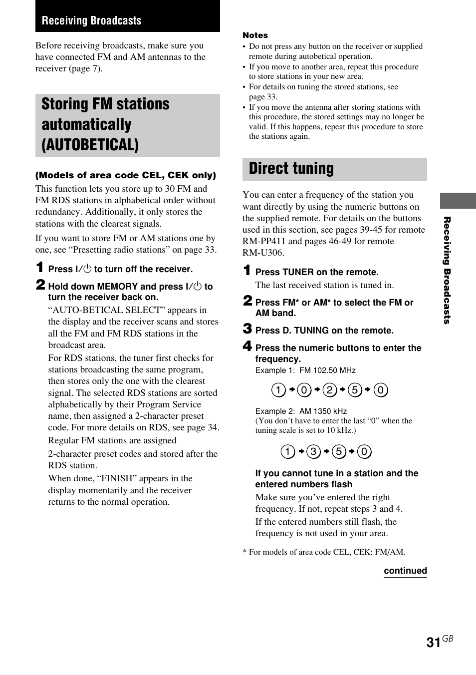 Receiving broadcasts, Storing fm stations automatically, Autobetical) | Direct tuning, Storing fm stations automatically (autobetical) | Sony STR-K740P User Manual | Page 31 / 59