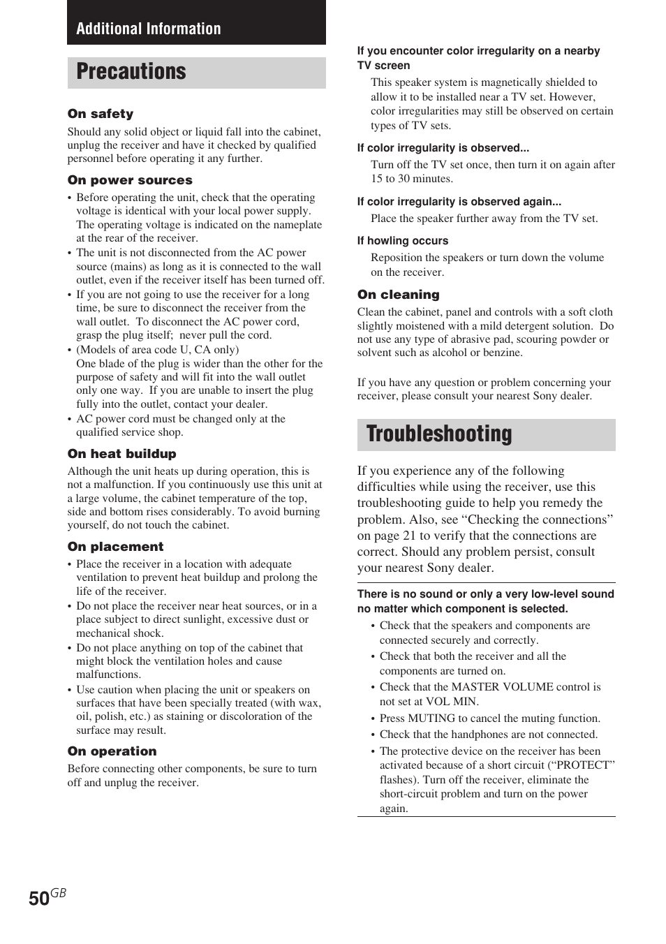 Additional information, Precautions, Troubleshooting | Sony STR-K740P User Manual | Page 50 / 59