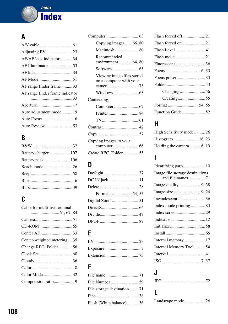 Index | Sony DSC-W55BDL User Manual | Page 108 / 111