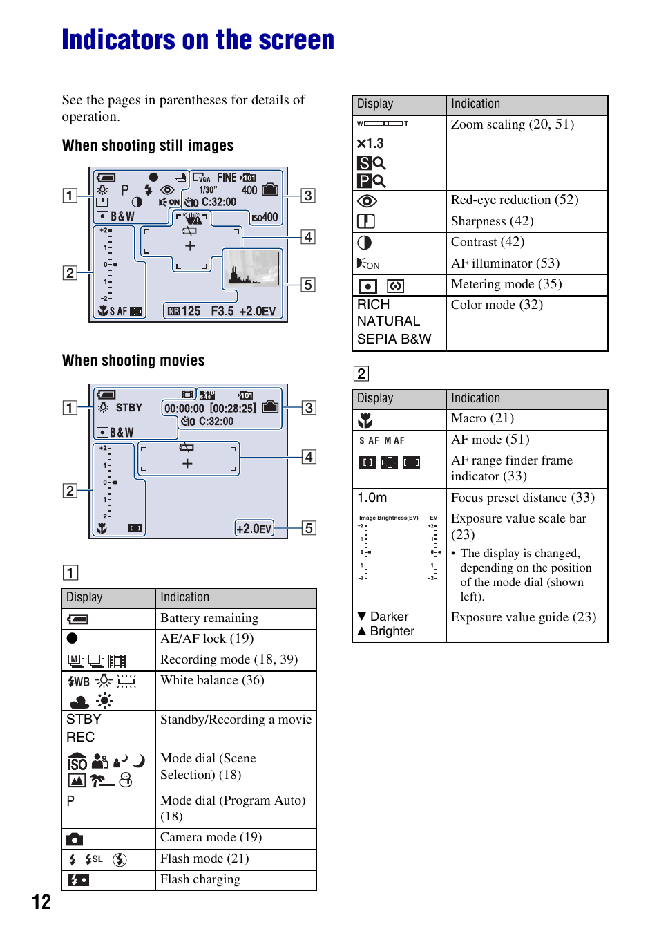 Indicators on the screen | Sony DSC-W55BDL User Manual | Page 12 / 111