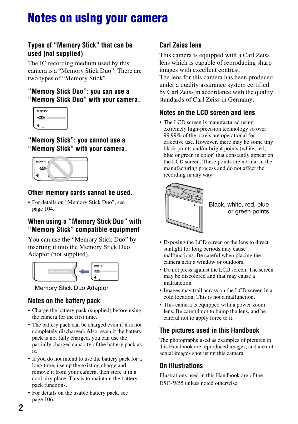 Notes on using your camera | Sony DSC-W55BDL User Manual | Page 2 / 111