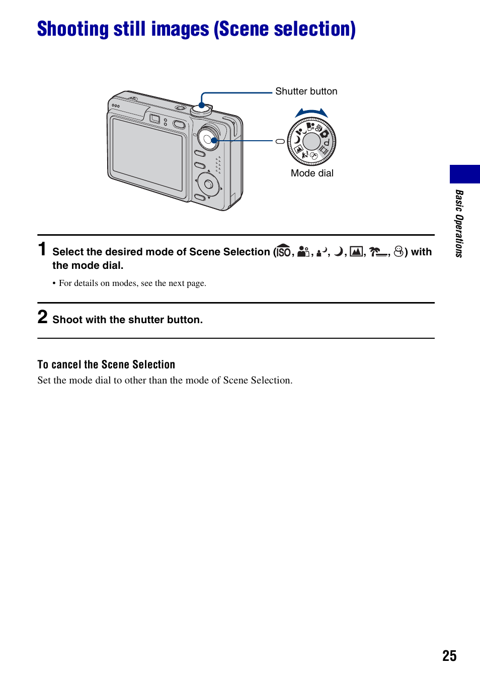 Shooting still images (scene selection) | Sony DSC-W55BDL User Manual | Page 25 / 111