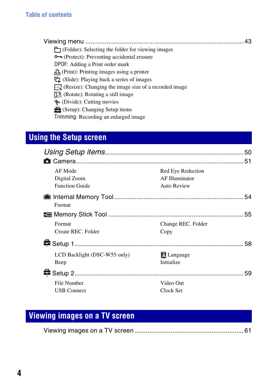 Using setup items | Sony DSC-W55BDL User Manual | Page 4 / 111
