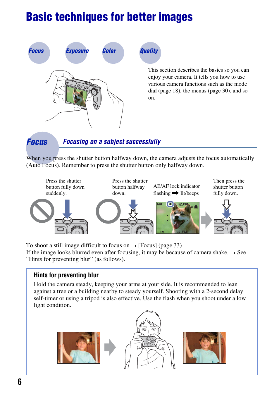Basic techniques for better images, Focus, Focus – focusing on a subject successfully | Sony DSC-W55BDL User Manual | Page 6 / 111