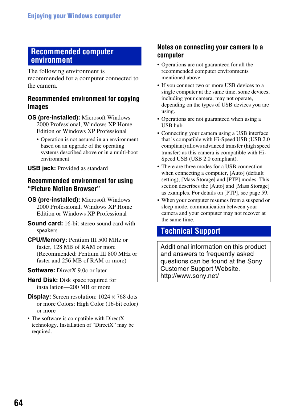 Recommended computer environment technical support | Sony DSC-W55BDL User Manual | Page 64 / 111
