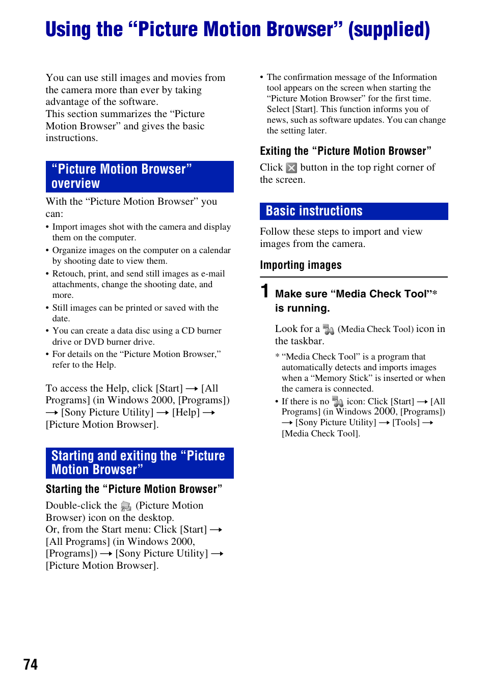 Using the “picture motion browser” (supplied) | Sony DSC-W55BDL User Manual | Page 74 / 111