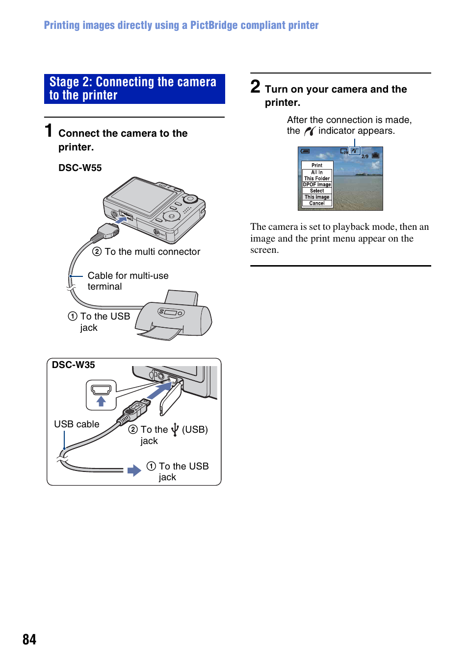 Stage 2: connecting the camera to the printer | Sony DSC-W55BDL User Manual | Page 84 / 111