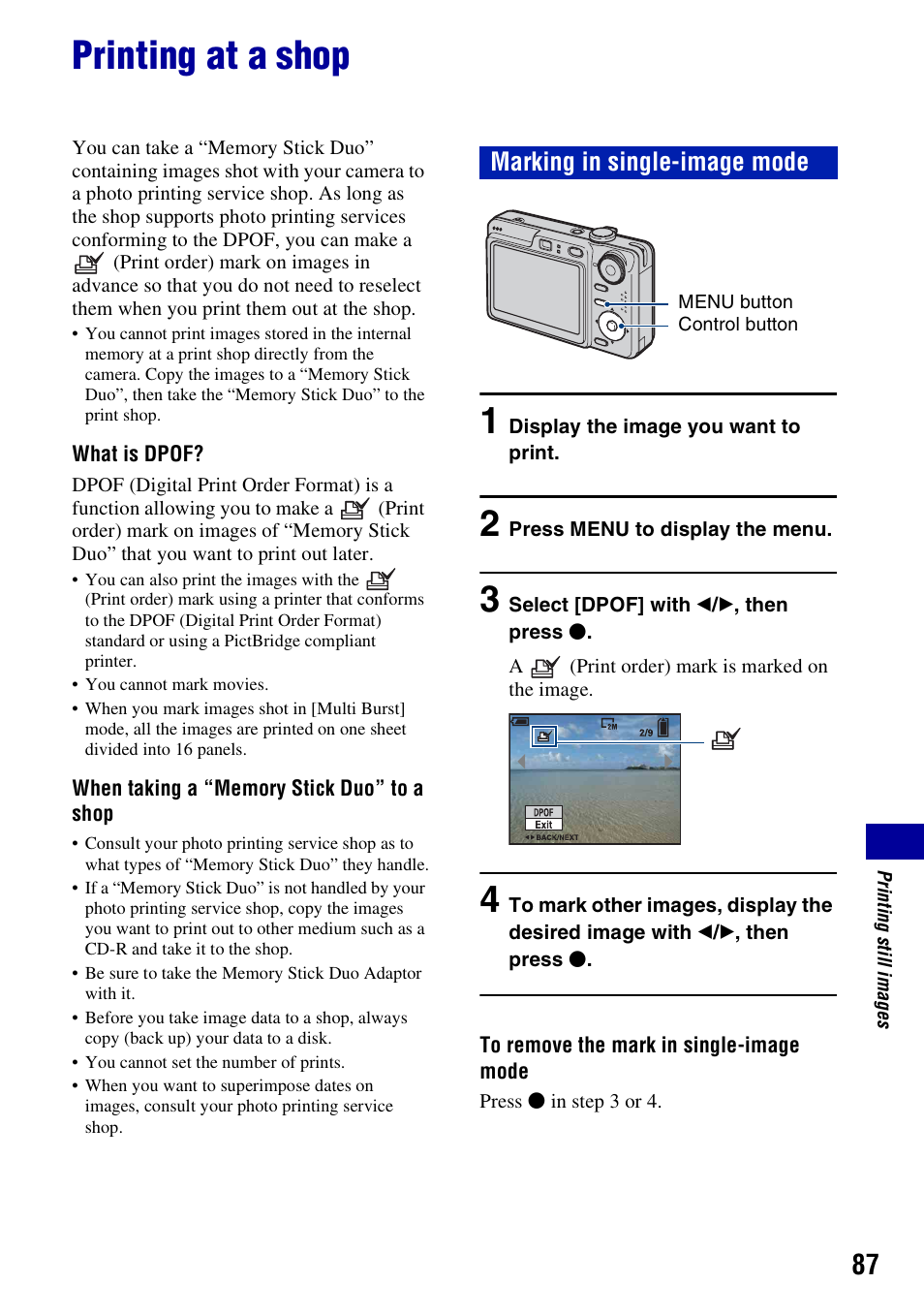 Printing at a shop, Marking in single-image mode | Sony DSC-W55BDL User Manual | Page 87 / 111