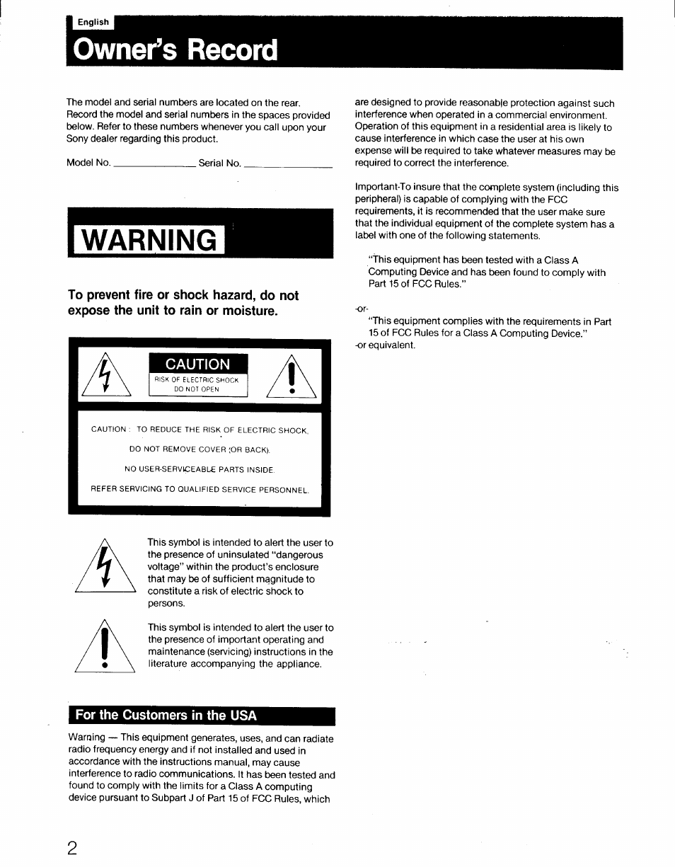 Ownei^s record, For the customers in the usa | Sony PVM-1341 User Manual | Page 2 / 15