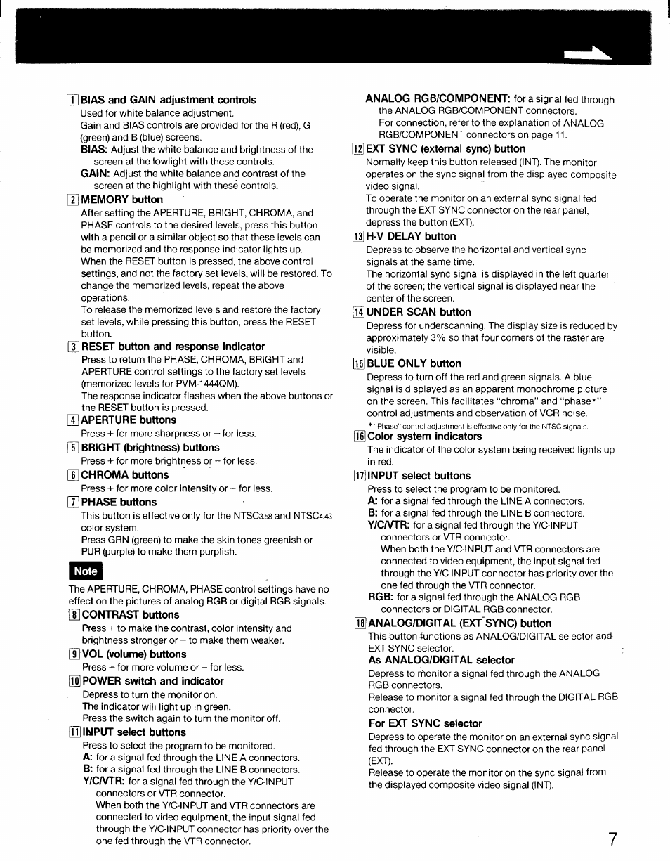 T] bias and gain adjustment controls, U memory button, U reset button and response indicator | 5 aperture buttons, D] bright (brightness) buttons, U chroma buttons, T] phase buttons, T]vol (volume) buttons, H power switch and indicator, Ini input select buttons | Sony PVM-1341 User Manual | Page 7 / 15