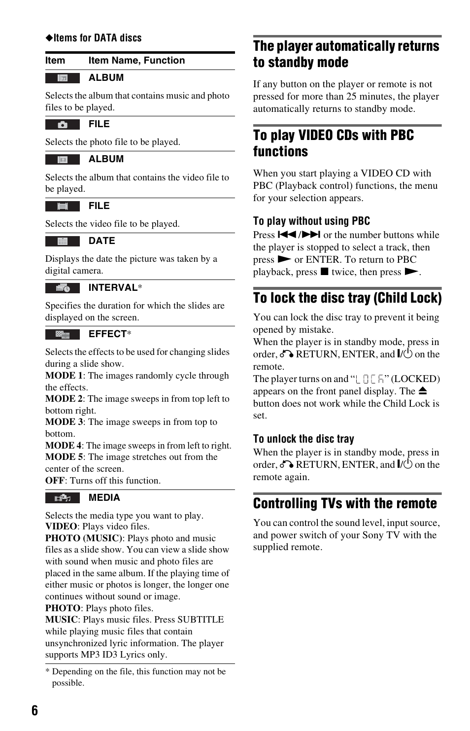 The player automatically returns to standby mode, To play video cds with pbc functions, To lock the disc tray (child lock) | Controlling tvs with the remote | Sony DVP-SR101P User Manual | Page 6 / 12