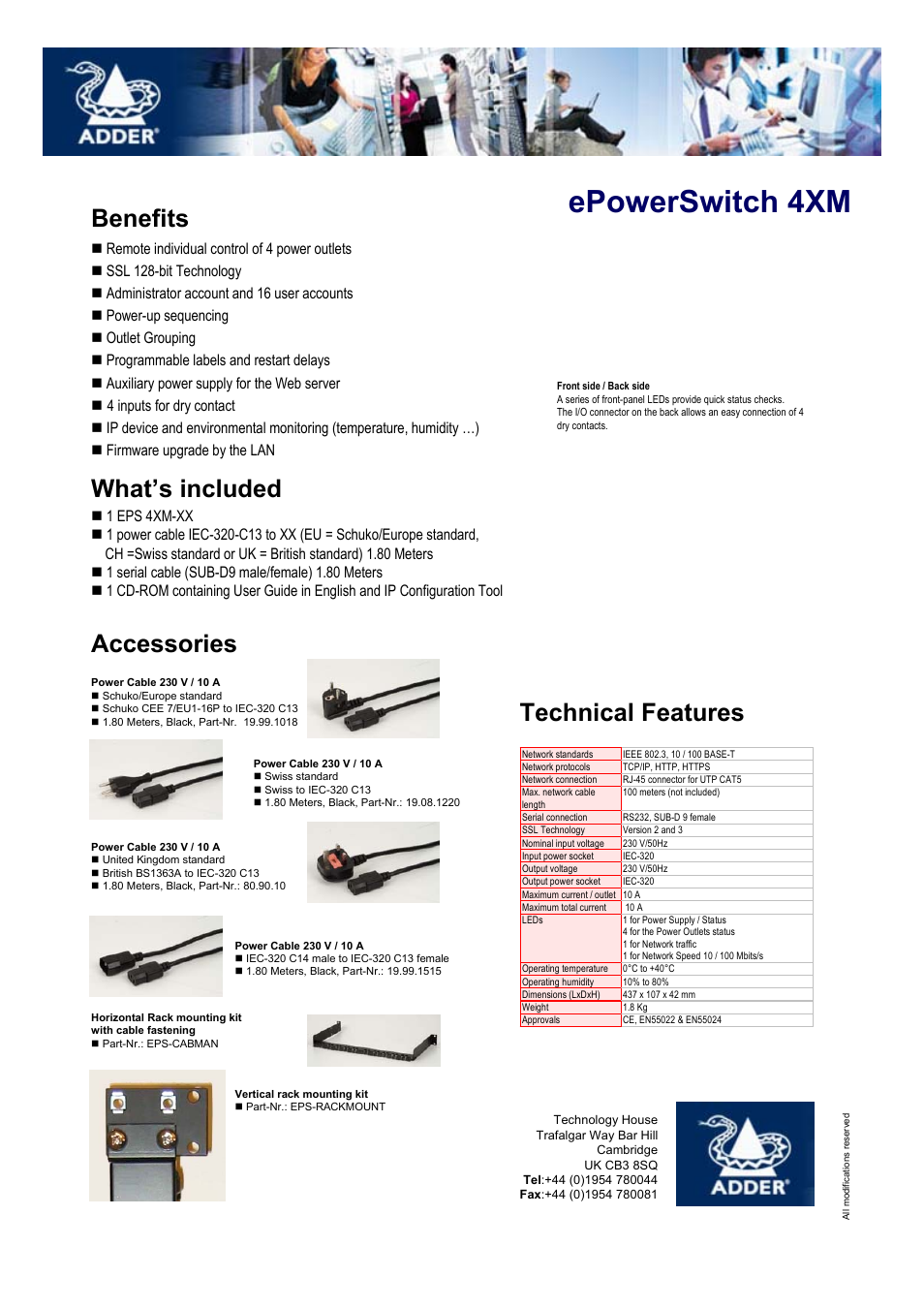 Epowerswitch 4xm, Benefits, What’s included | Accessories, Technical features | Adder Technology 4XM User Manual | Page 2 / 2