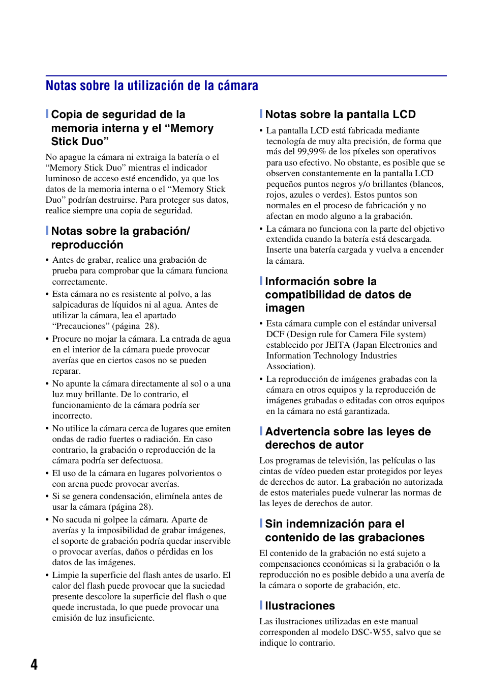 Notas sobre la utilización de la cámara | Sony DSC-W55BDLWM User Manual | Page 36 / 64