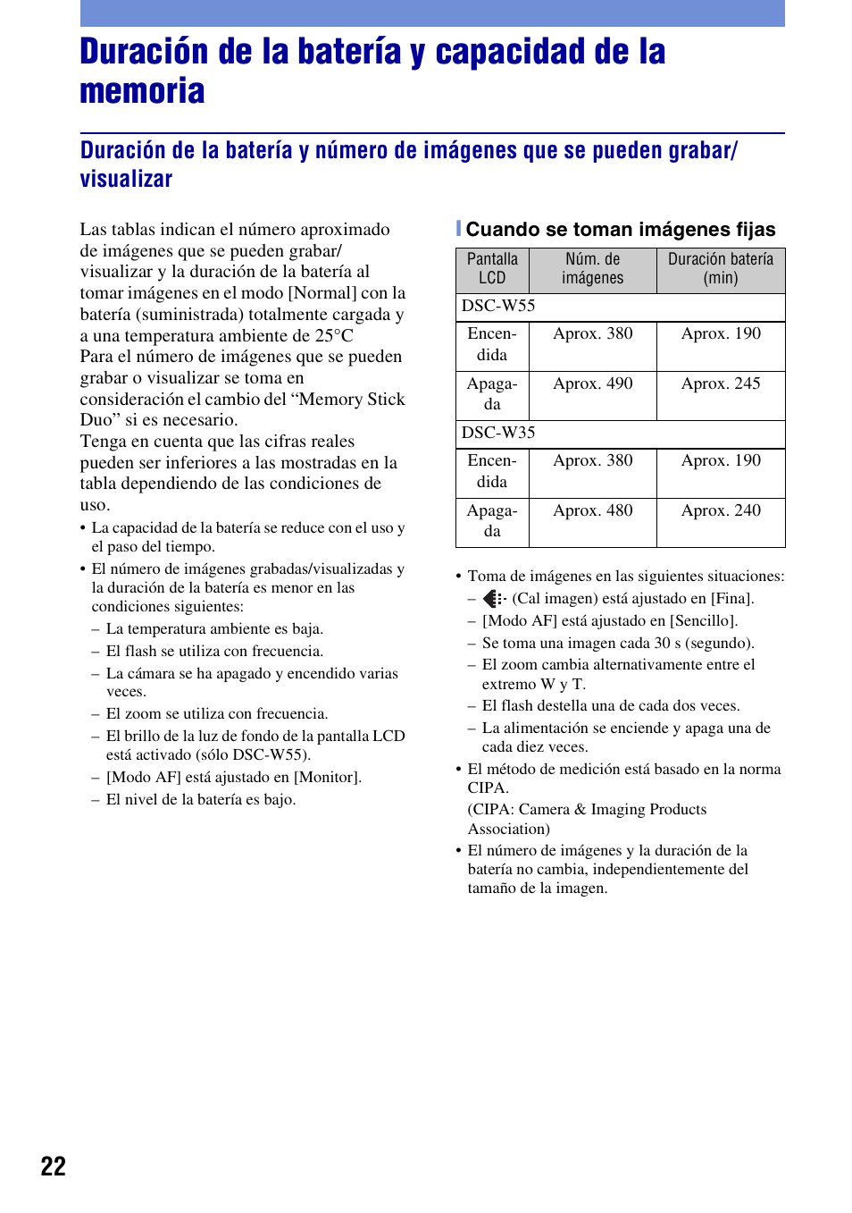 Duración de la batería y capacidad de la memoria | Sony DSC-W55BDLWM User Manual | Page 54 / 64