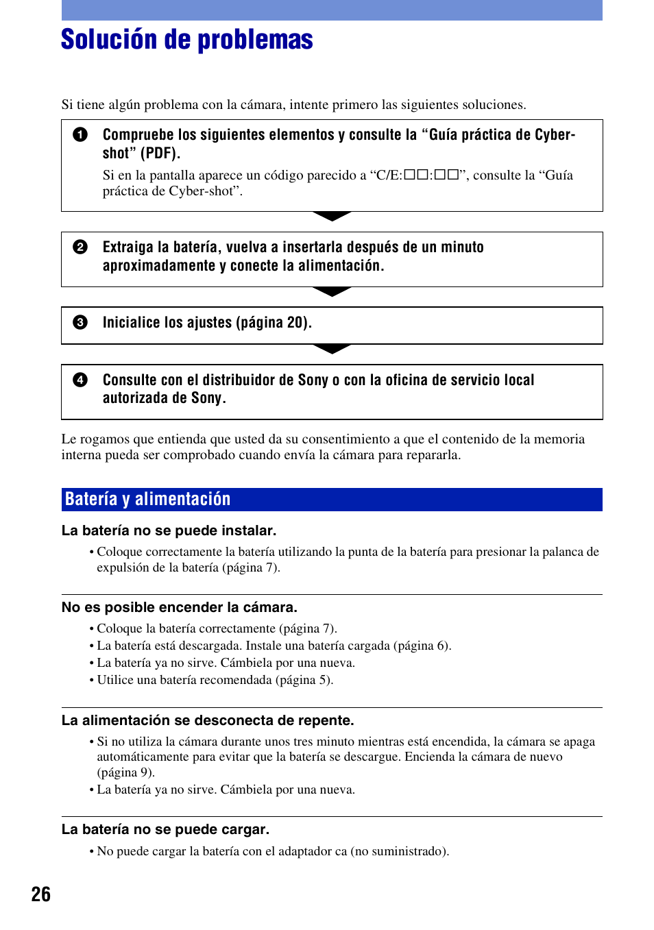 Solución de problemas, Batería y alimentación | Sony DSC-W55BDLWM User Manual | Page 58 / 64