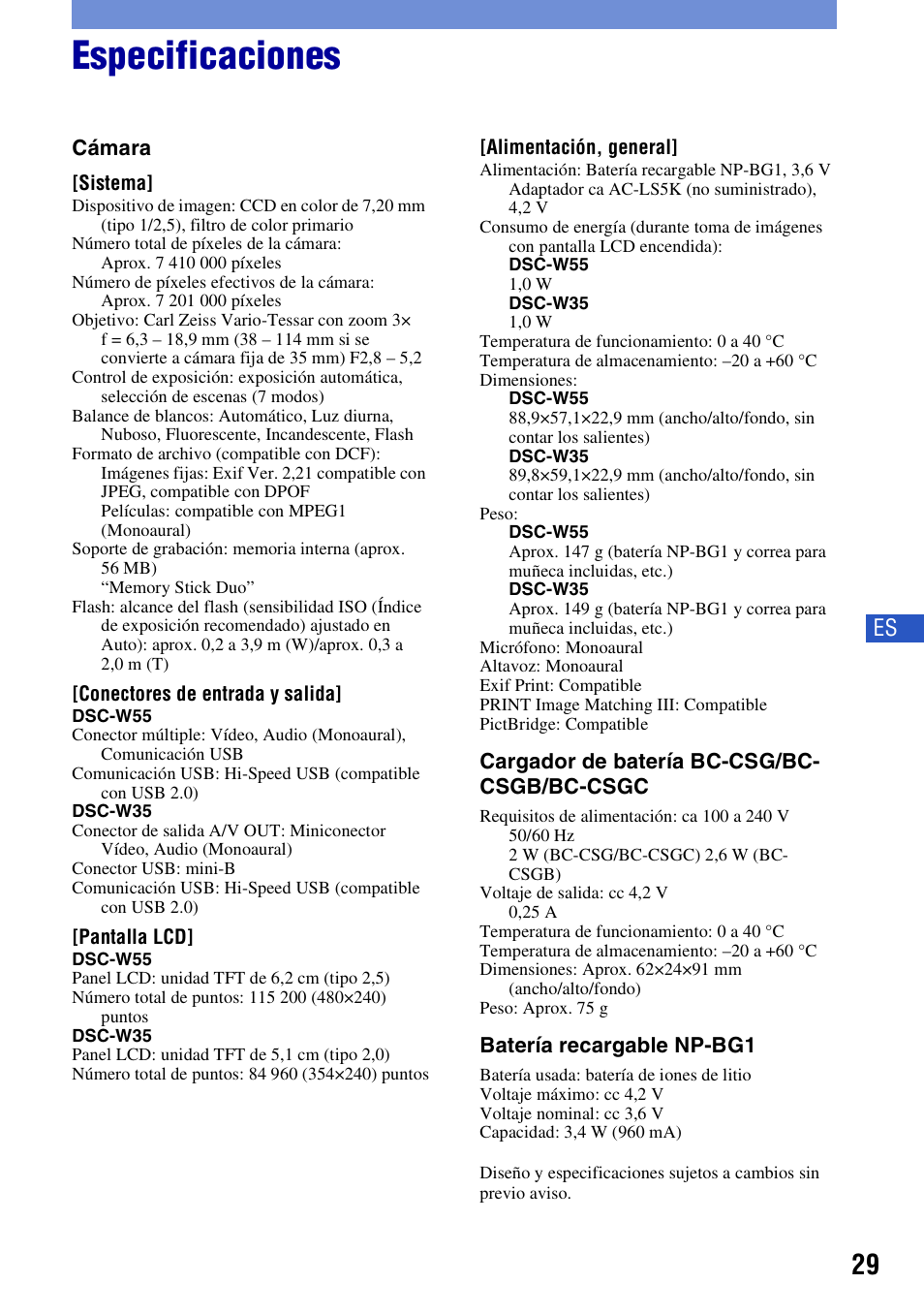 Especificaciones | Sony DSC-W55BDLWM User Manual | Page 61 / 64