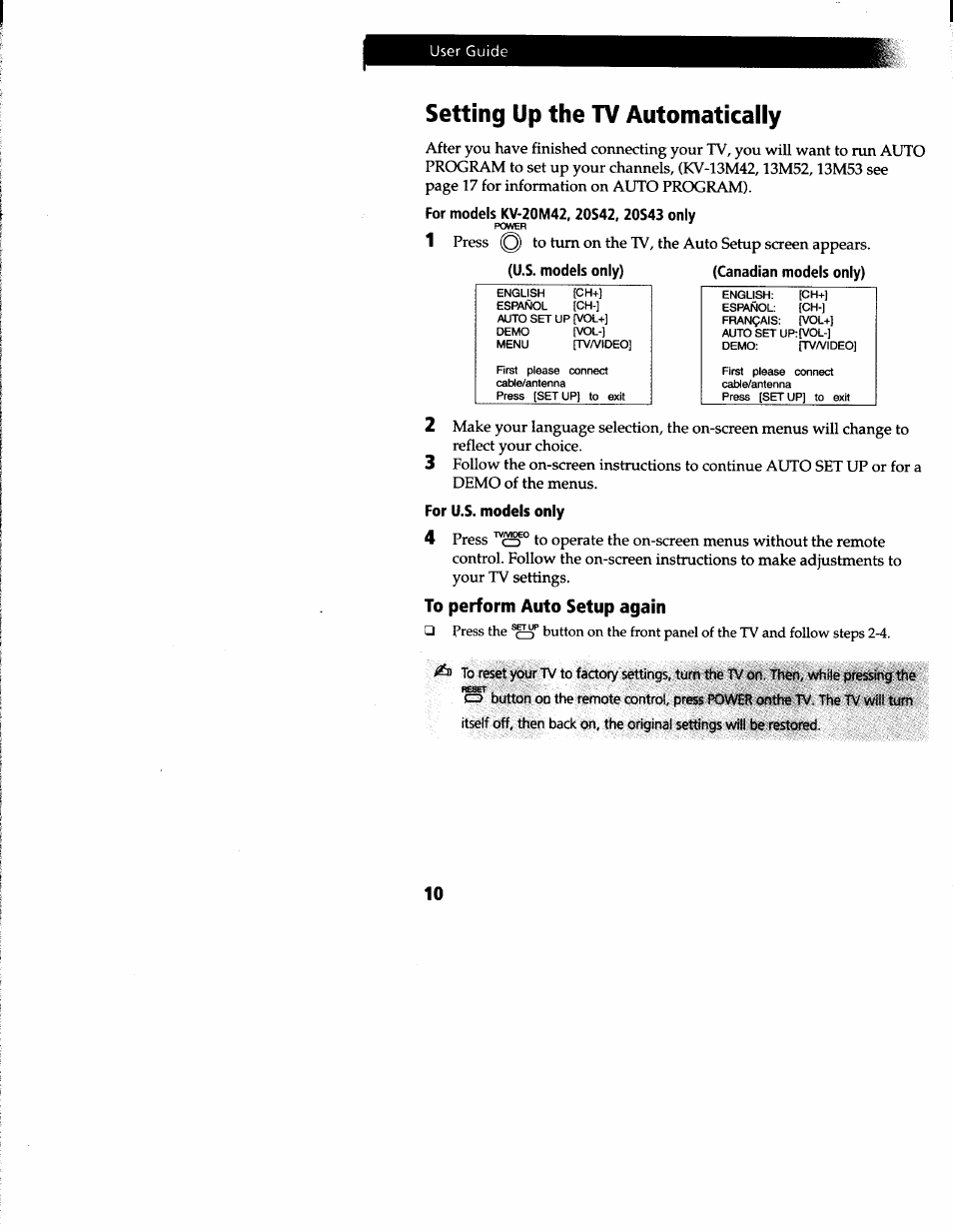 Setting up the tv automatically, For u.s. models only, To perform auto setup again | Sony KV-13M52 User Manual | Page 12 / 30