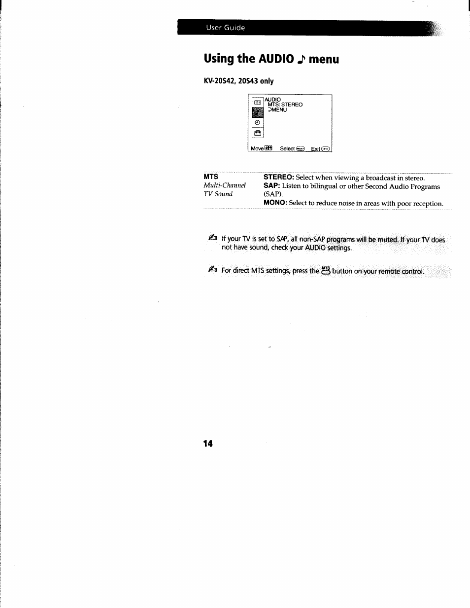 Using the audio, Menu | Sony KV-13M52 User Manual | Page 16 / 30