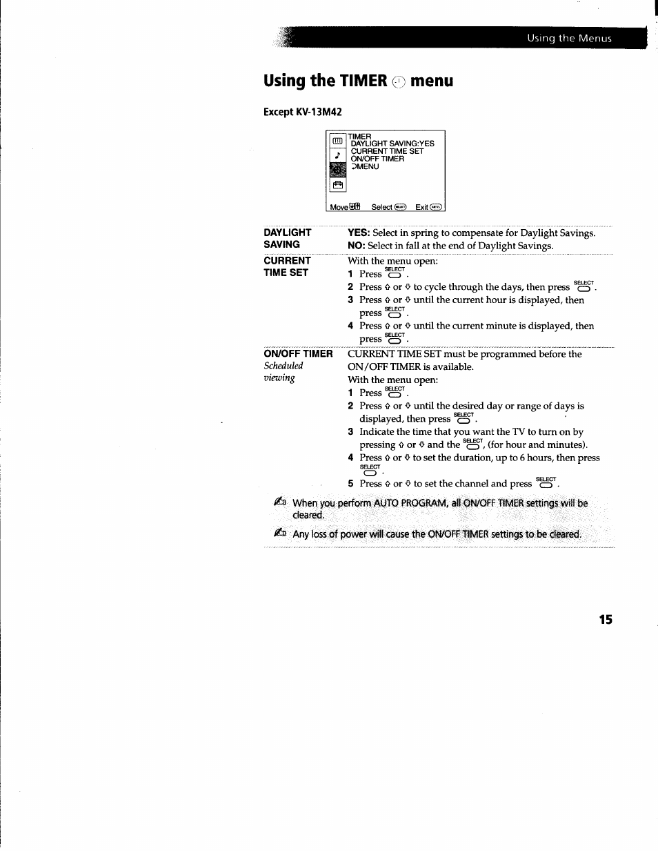 Using the timer o menu | Sony KV-13M52 User Manual | Page 17 / 30