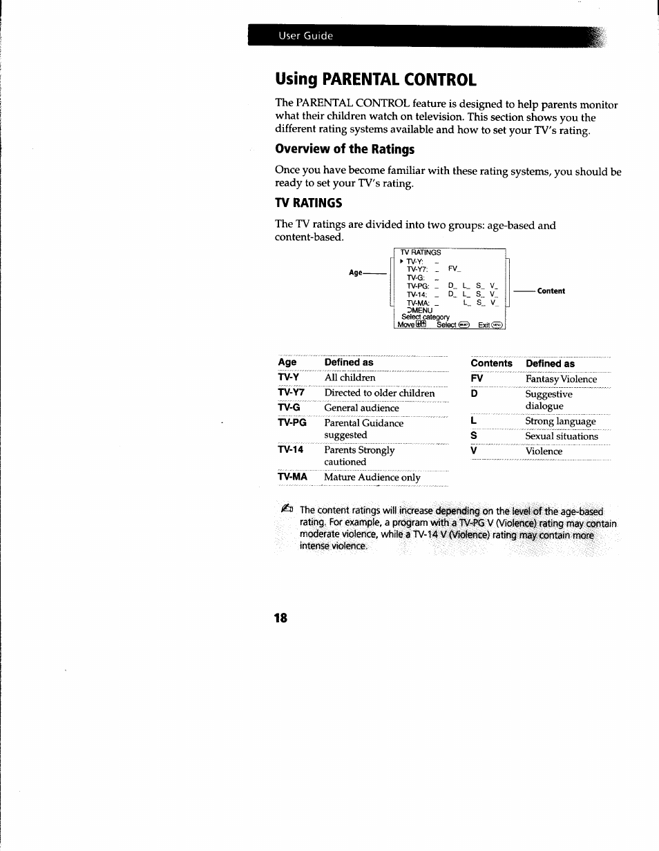 Using parental control, Overview of the ratings, Tv ratings | Sony KV-13M52 User Manual | Page 20 / 30