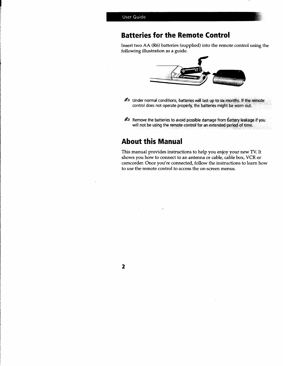 Batteries for the remote control, About this manual, Batteries for the remote control about this manual | Sony KV-13M52 User Manual | Page 4 / 30