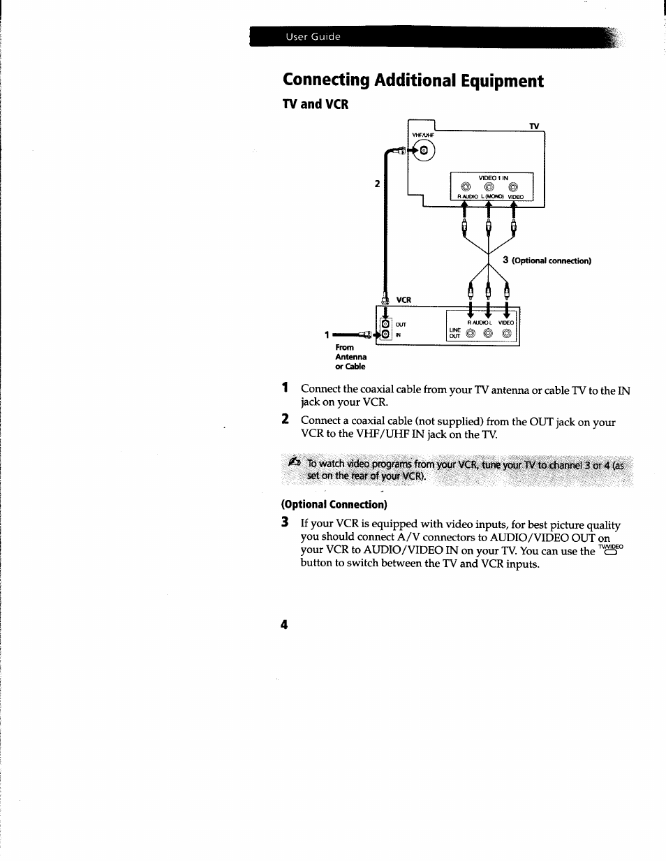 Connecting additional equipment, Tv and vcr, Optional connection) | Sony KV-13M52 User Manual | Page 6 / 30