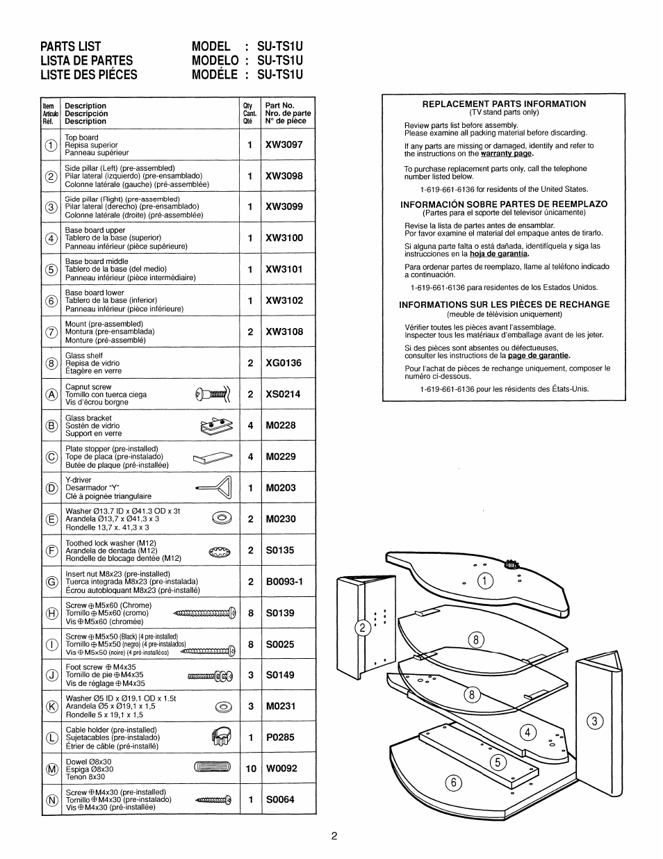 Parts list usta de partes uste des pièces, Model, Modelo | Modéle, Su-ts1u | Sony SU-TS1U User Manual | Page 2 / 14