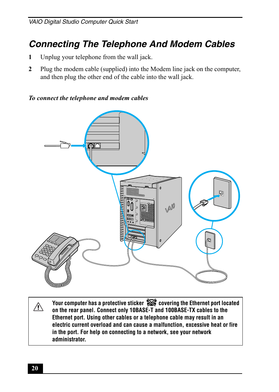 Connecting the telephone and modem cables | Sony PCV-RX860 User Manual | Page 20 / 80