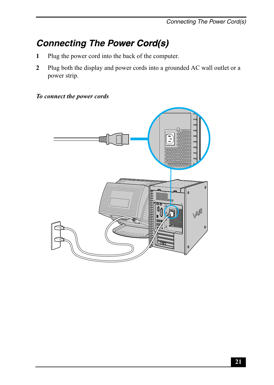 Connecting the power cord(s) wer cord(s) | Sony PCV-RX860 User Manual | Page 21 / 80