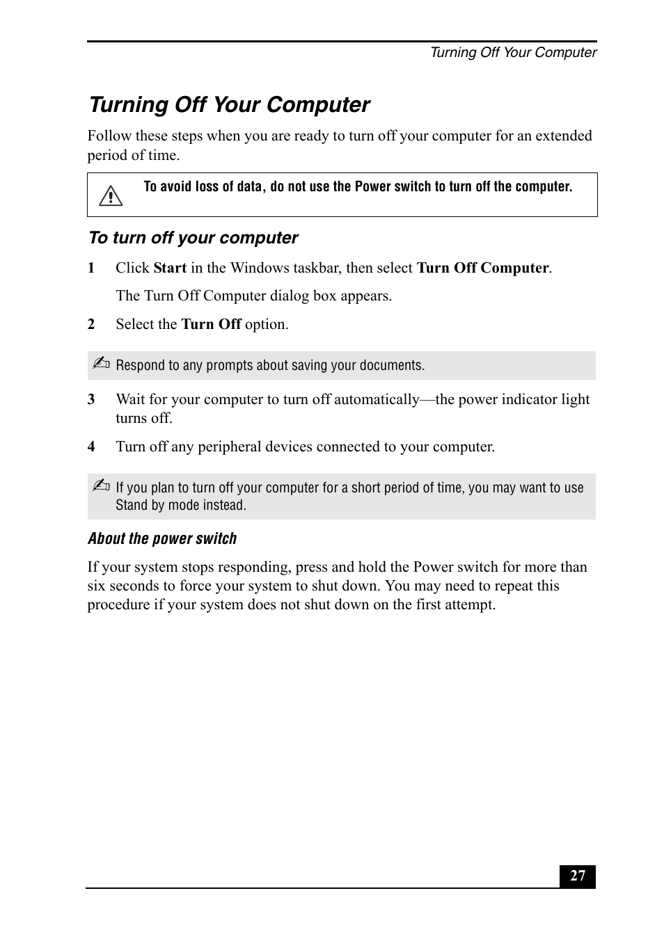 Turning off your computer | Sony PCV-RX860 User Manual | Page 27 / 80