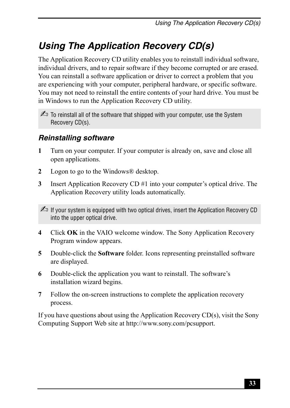 Using the application recovery cd(s) | Sony PCV-RX860 User Manual | Page 33 / 80