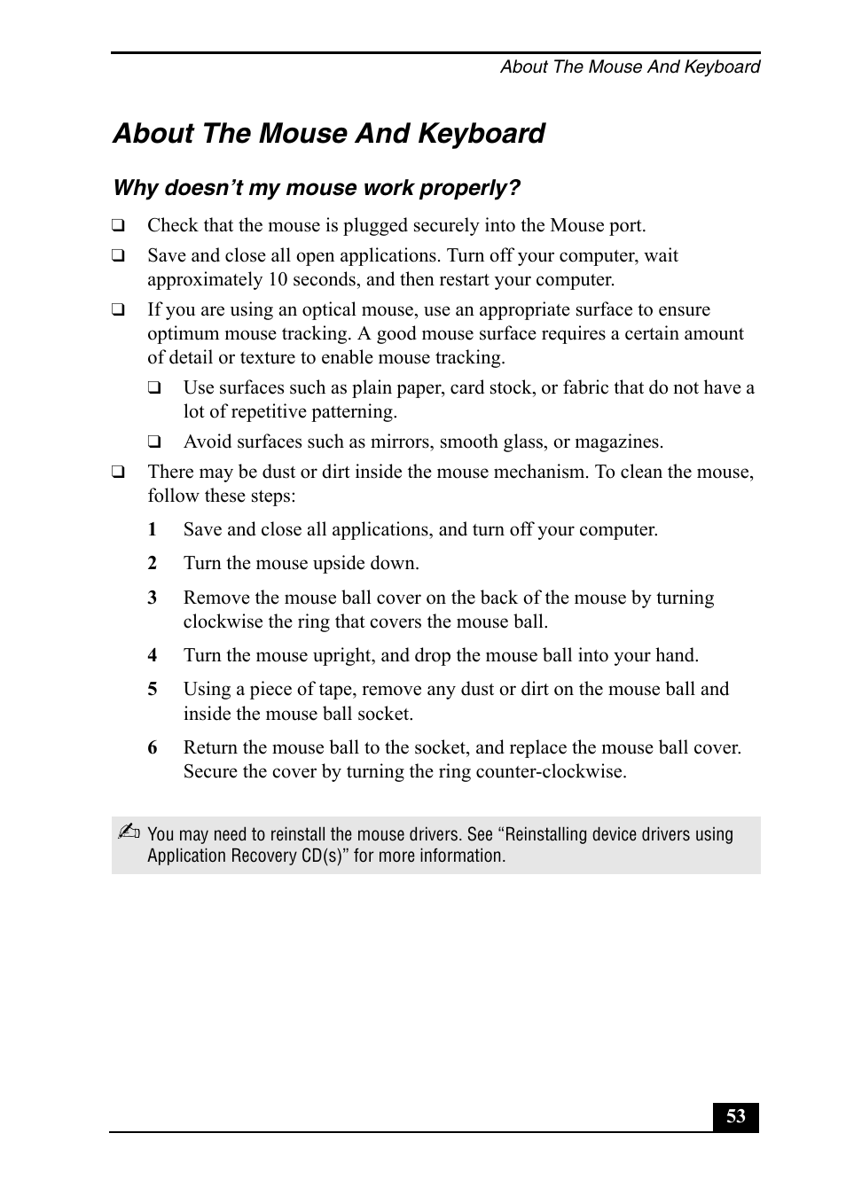 About the mouse and keyboard | Sony PCV-RX860 User Manual | Page 53 / 80