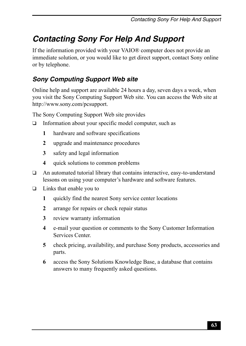 Contacting sony for help and support | Sony PCV-RX860 User Manual | Page 63 / 80