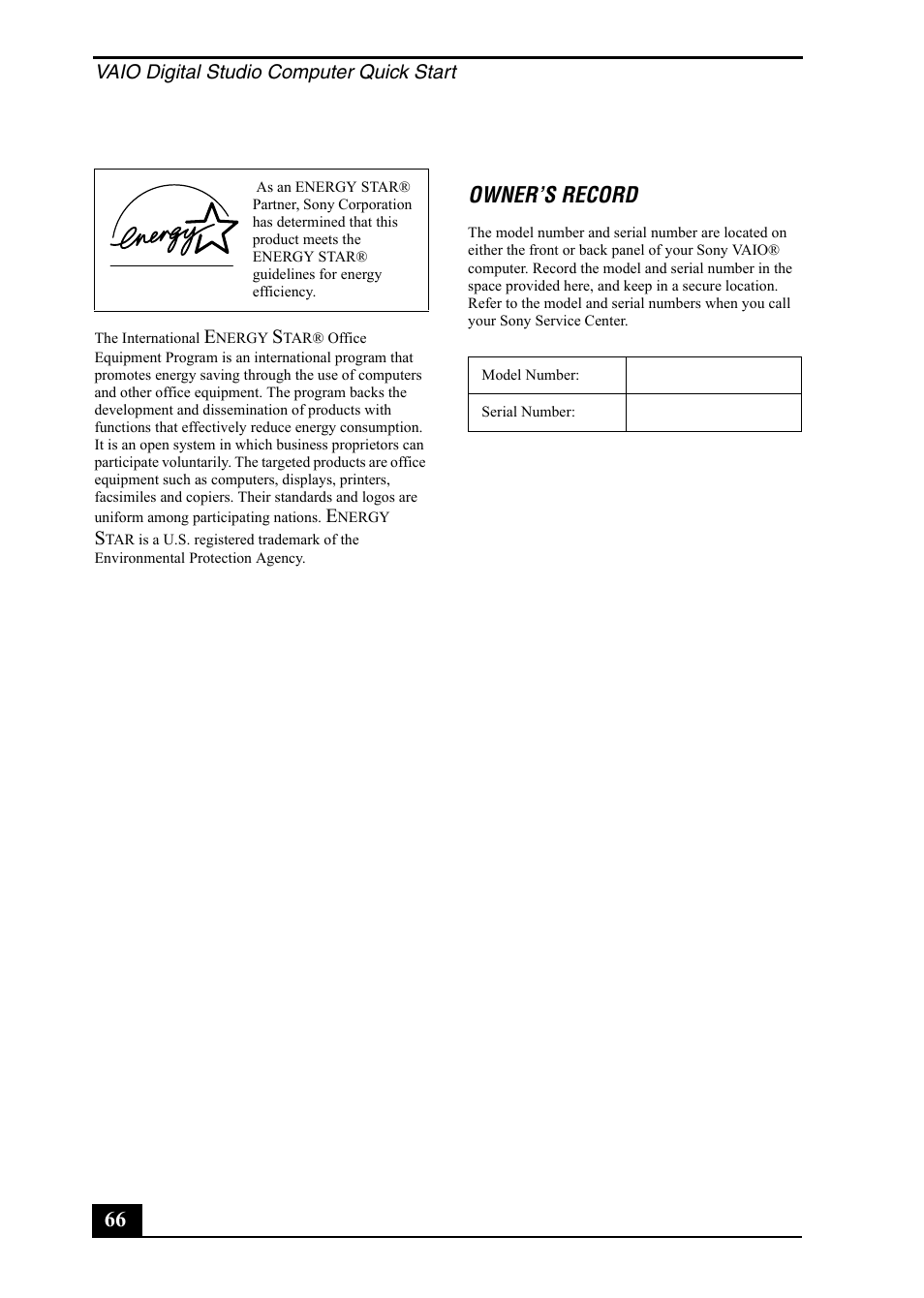 Owner’s record | Sony PCV-RX860 User Manual | Page 66 / 80