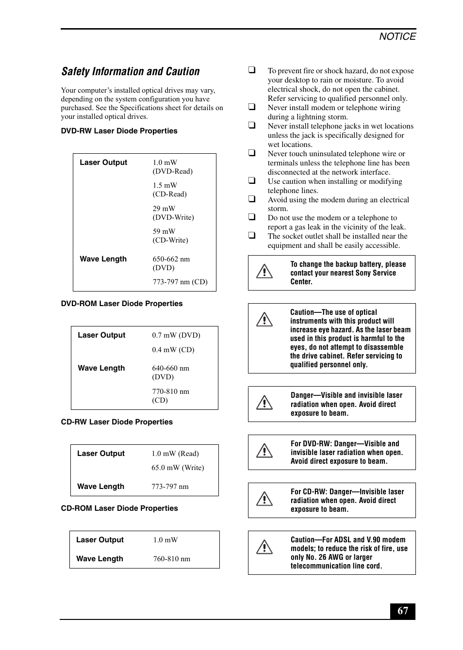 67 safety information and caution, Notice | Sony PCV-RX860 User Manual | Page 67 / 80