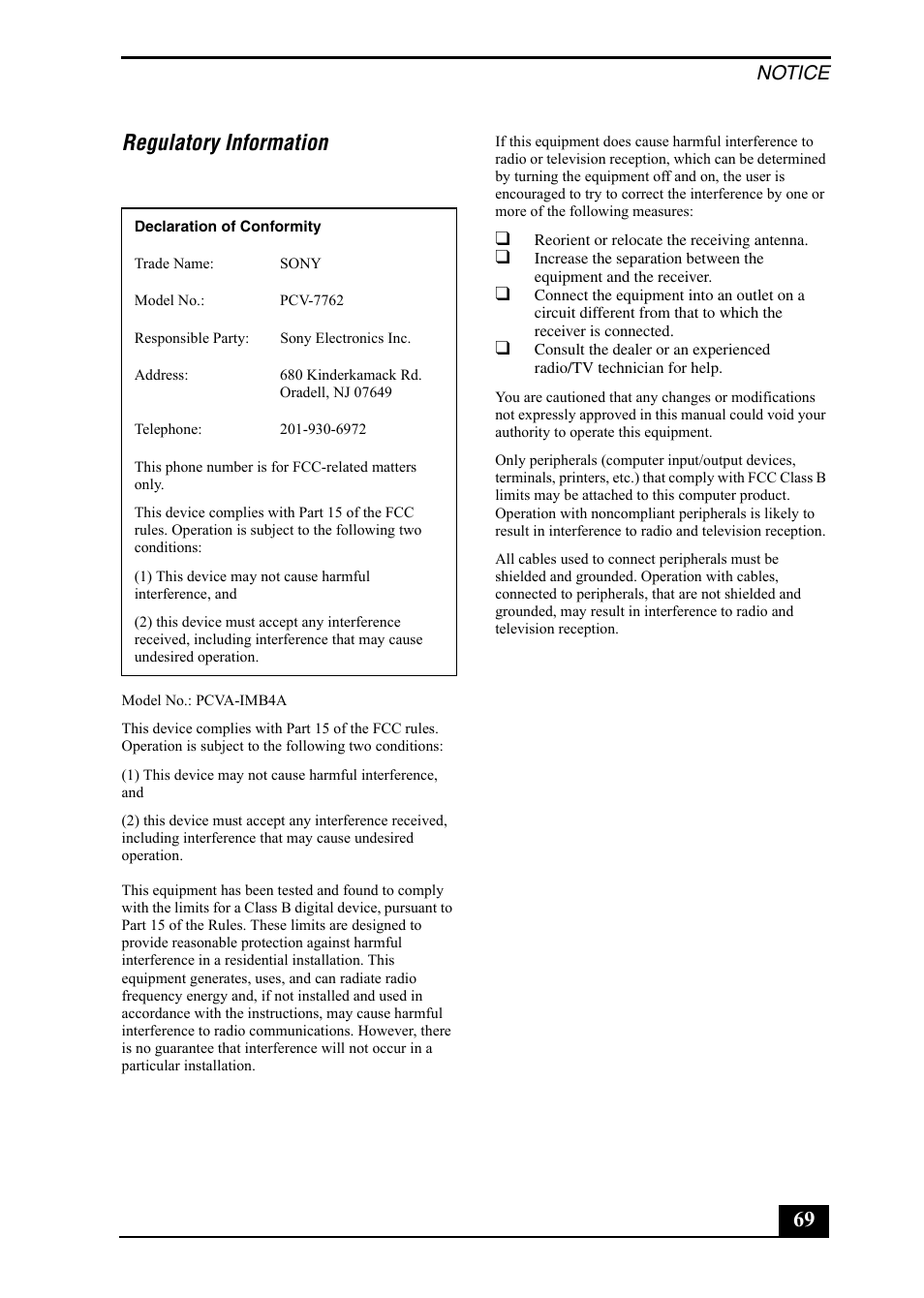 69 regulatory information, Notice | Sony PCV-RX860 User Manual | Page 69 / 80