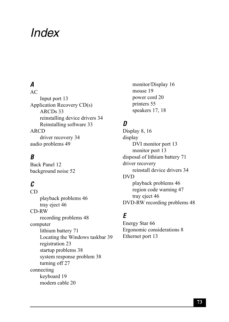 Index | Sony PCV-RX860 User Manual | Page 73 / 80