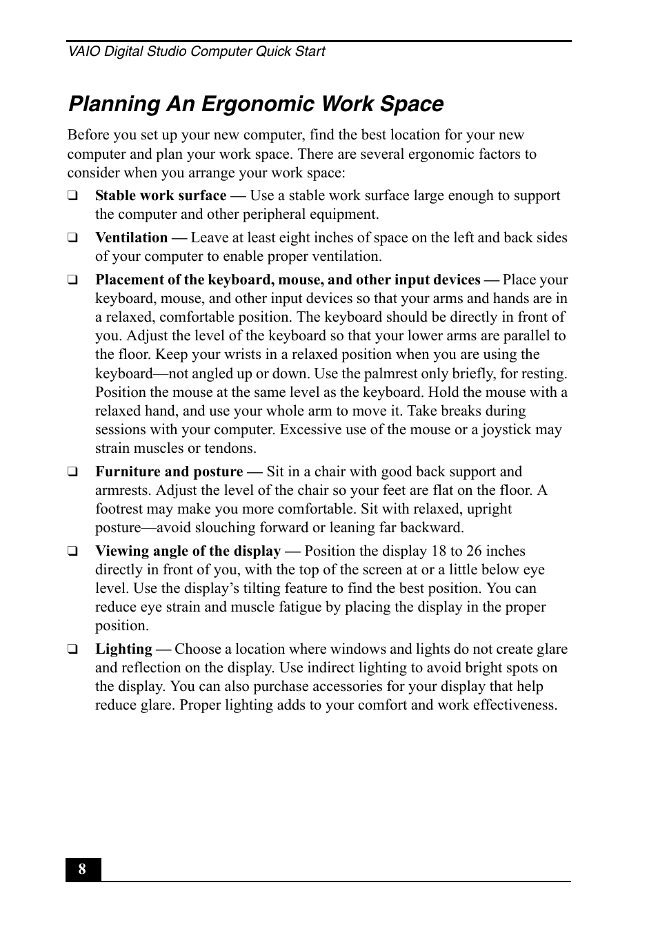 Planning an ergonomic work space | Sony PCV-RX860 User Manual | Page 8 / 80