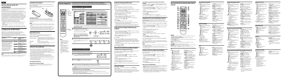 Guía de configuración, Para los clientes de ee. uu. advertencia, Configuración del rm-vz320 | Especificaciones, Solución de problemas, Descripción de los botones del control remoto, Rm-vz320, Establezca el código del fabricante, Funcionamiento del dispositivo, Instalación de las baterías | Sony RM-VZ320 User Manual | Page 2 / 2