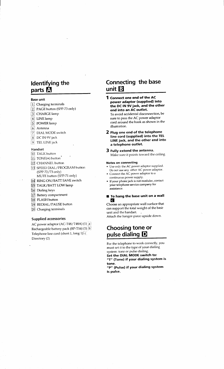 Identifying the parts, Connecting the base unit b, Choosing tone or pulse dialing e | Choosing tone or pulse dialing | Sony SPP-71 User Manual | Page 10 / 24