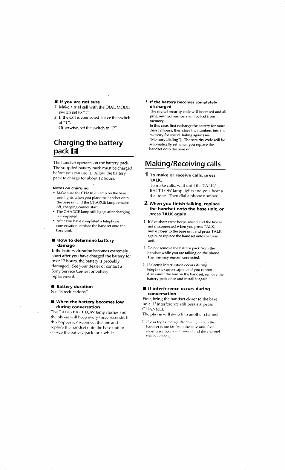 If you are not sure, Charging the battery pack b, Making/receiving calls | 1 to make or receive calls, press talk, If interference occurs during conversation | Sony SPP-71 User Manual | Page 11 / 24