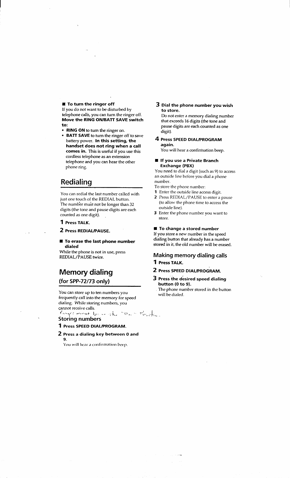 Redialing, Memory dialing, For spp-72/73 only) | Making memory dialing calls | Sony SPP-71 User Manual | Page 12 / 24