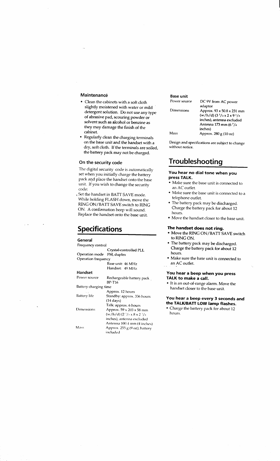 Troubleshooting, Specifications, General | Handset, The handset does not ring, You hear a beep when you press, You hear a beep every 3 seconds and, Maintenance, On the security code | Sony SPP-71 User Manual | Page 14 / 24