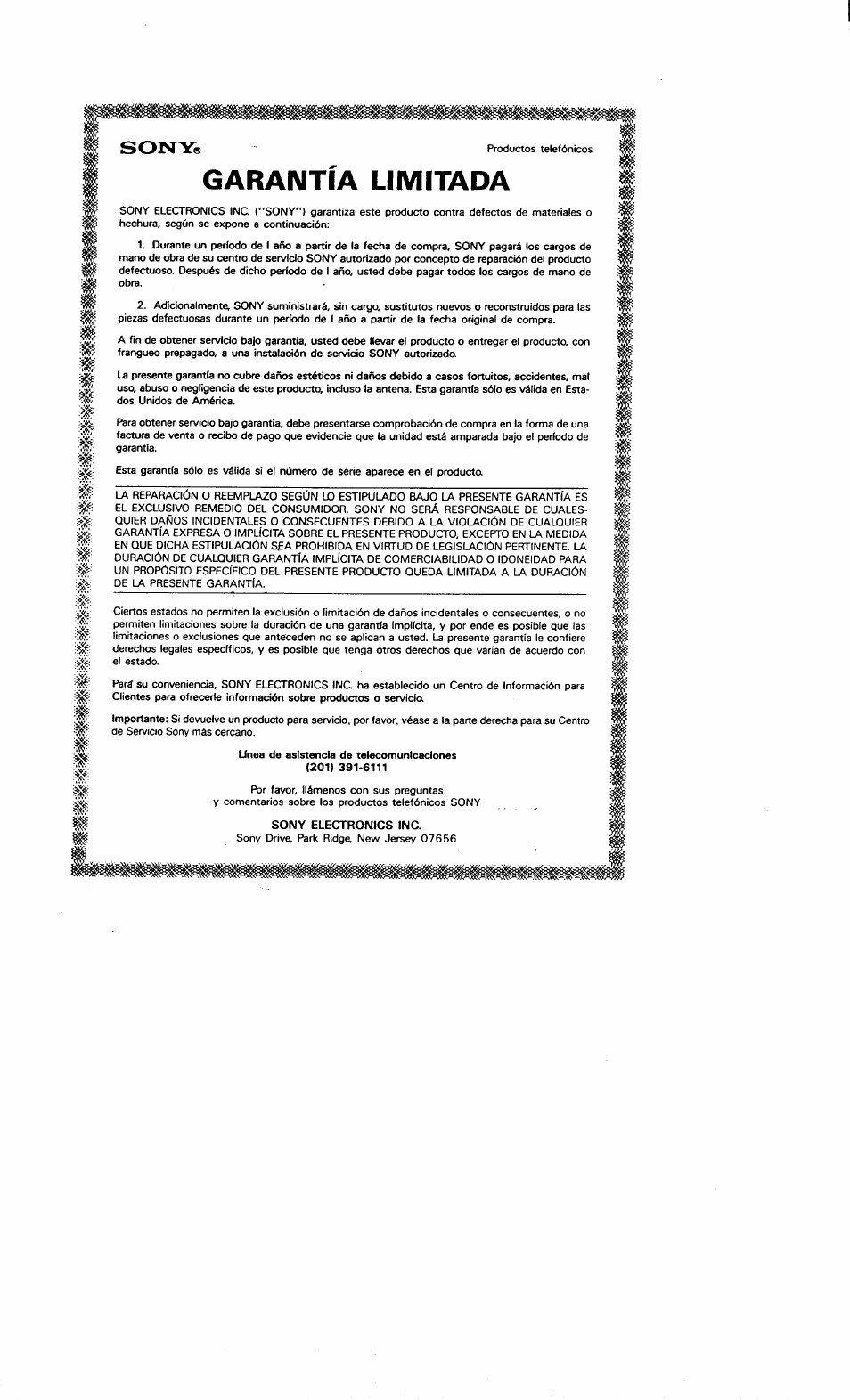 Sony electronics inc, Garantia limitada, Sony | Sony SPP-71 User Manual | Page 15 / 24